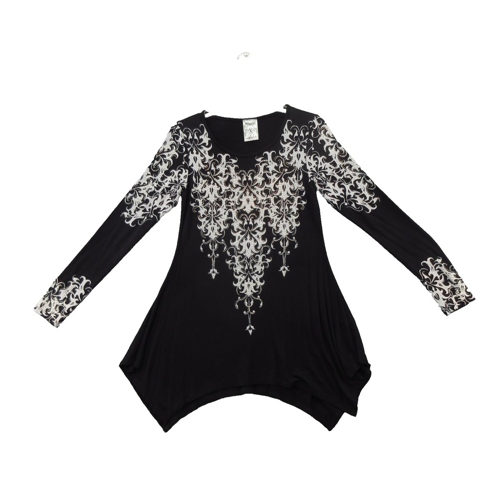 Vocal Blouse Womens Small Black White Scroll Print Asymmetrical Hem Tunic Top